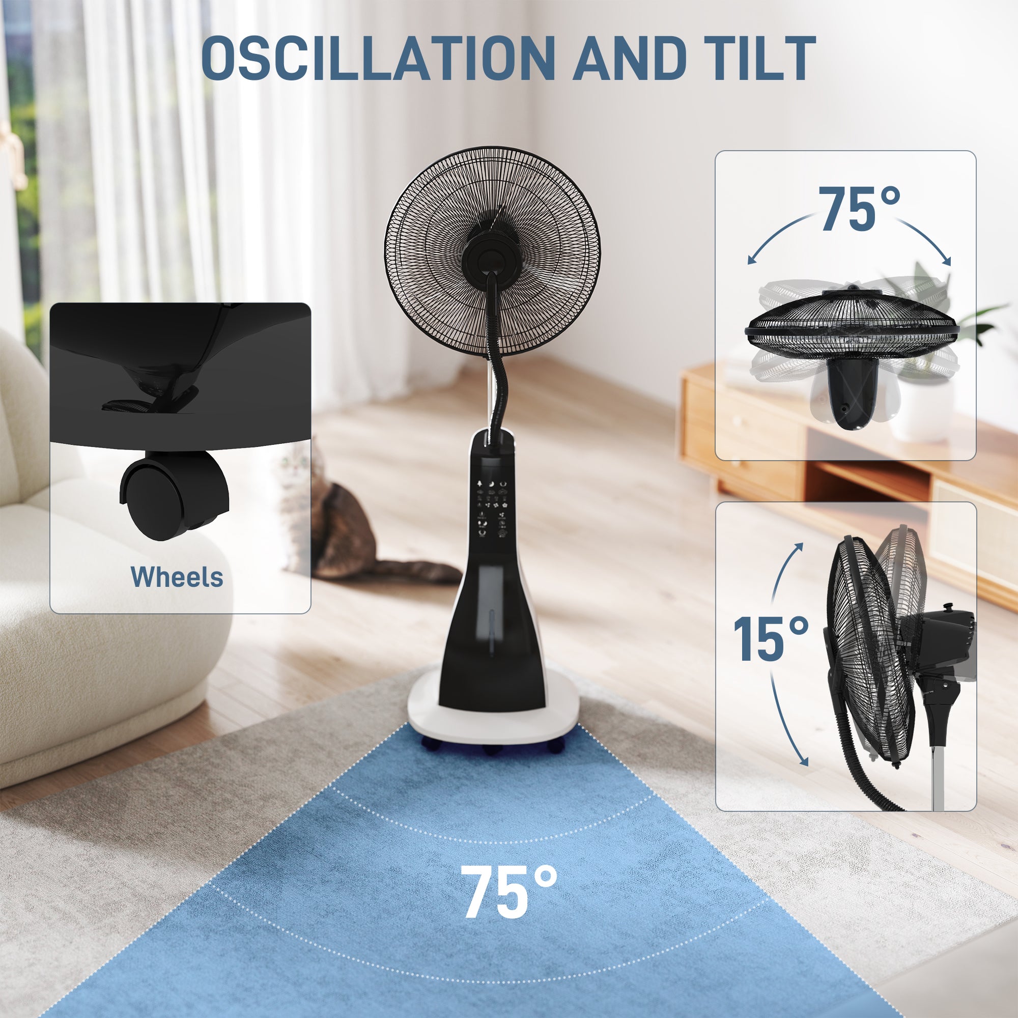 HOMCOM Pedestal Fan with Water Mist Spray, Spray Misting Fan with 75√Ç¬∞ Oscillation, Remote Control, Tilt Head, 3 Speeds, 3 Modes, 3 Mist, 3L Water Tank, Wheels, for Home, 125 cm