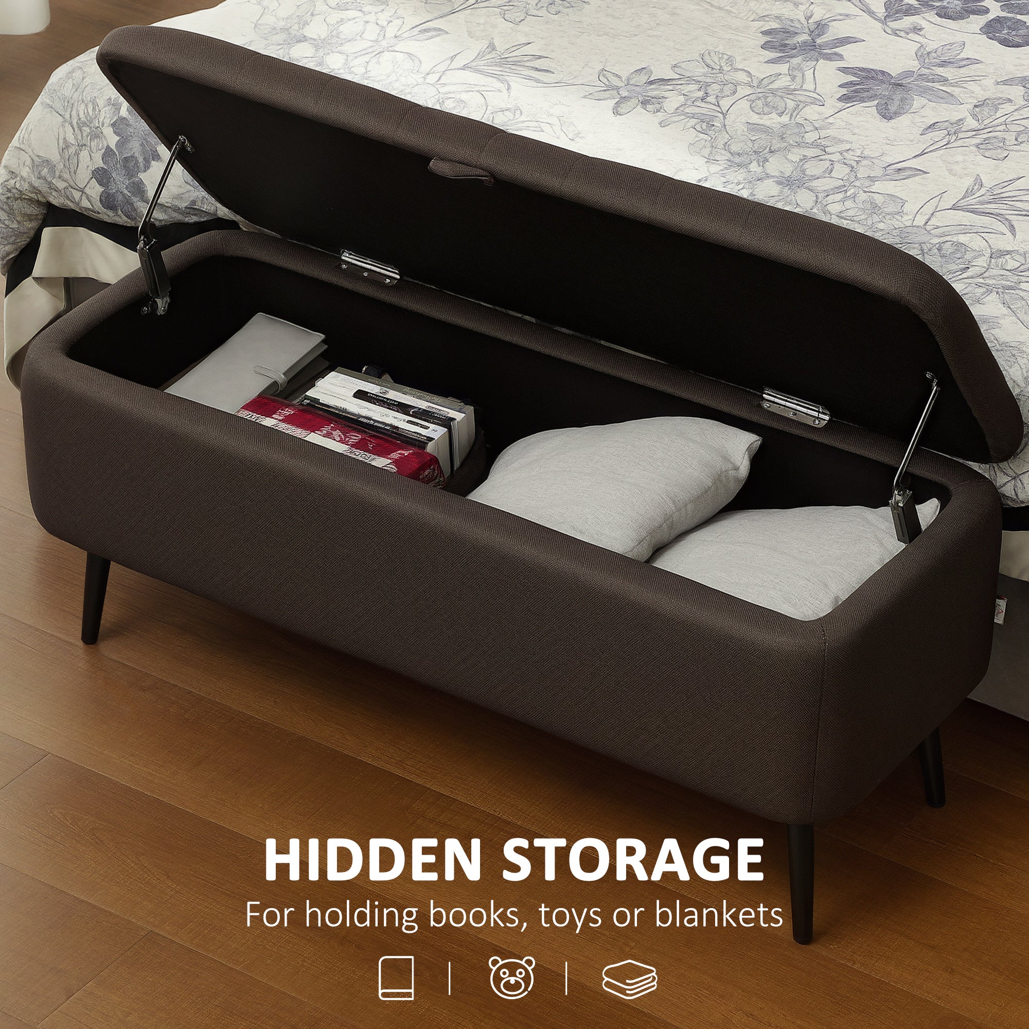 HOMCOM Linen-Look 92 x 31cm Storage Ottoman - Dark Brown