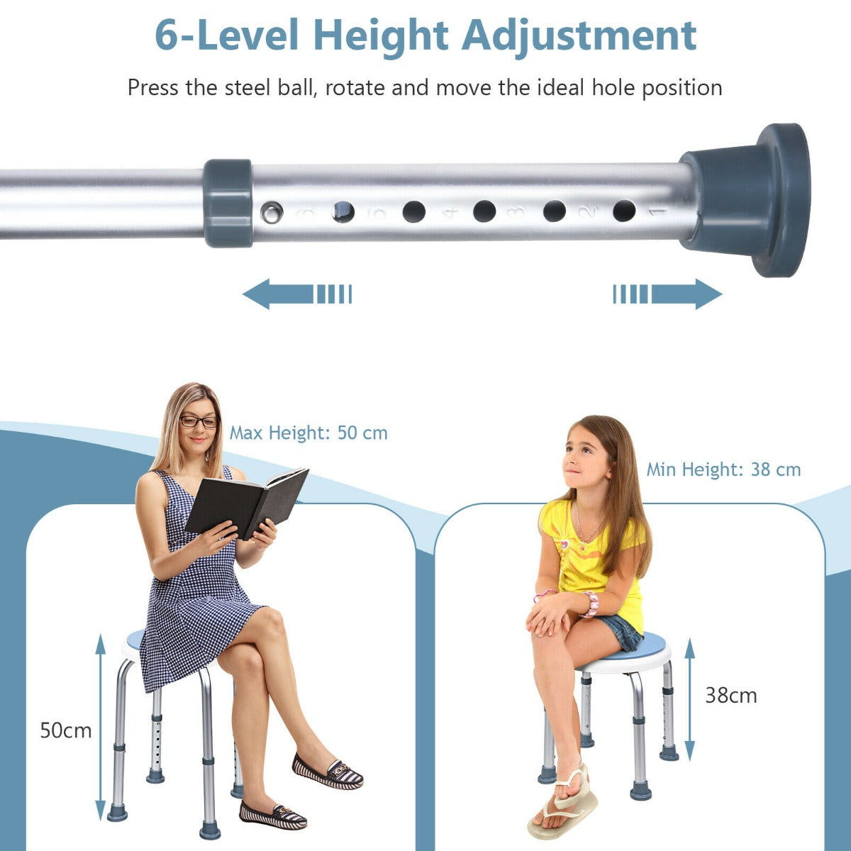 6-Position Height Adjustable Bathtub Shower Chair with 360¬∞Rotating Seat