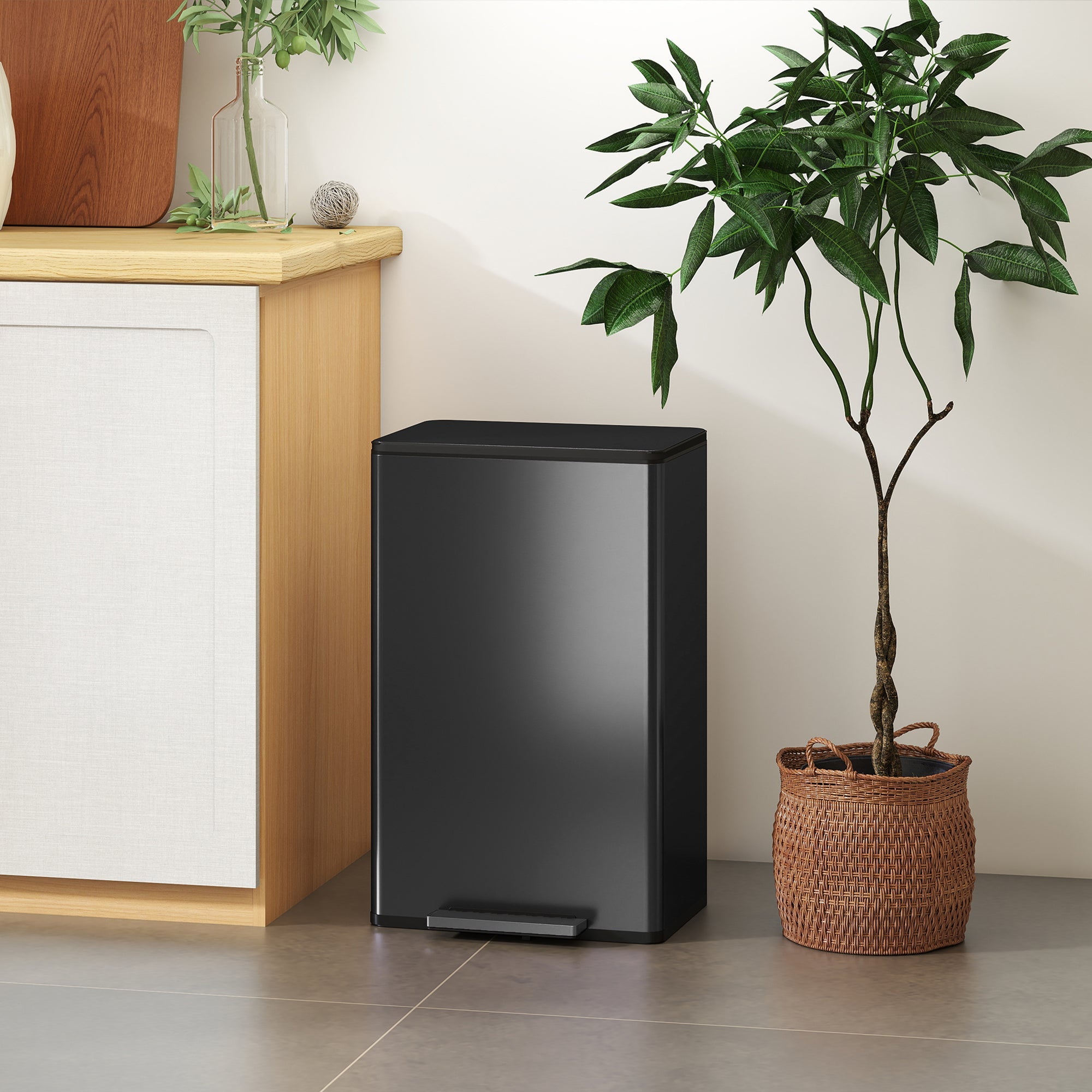 HOMCOM 45L Kitchen Bin, Pedal Bin with Soft-Close and Stay-Open Lid, Removable Inner Bucket, Odor Control for Kitchen, Office