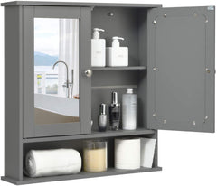 Wooden Hanging Medicine Organizer with Mirror and Adjustable Shelf grey wall cabinet with mirrored doors and open shelf