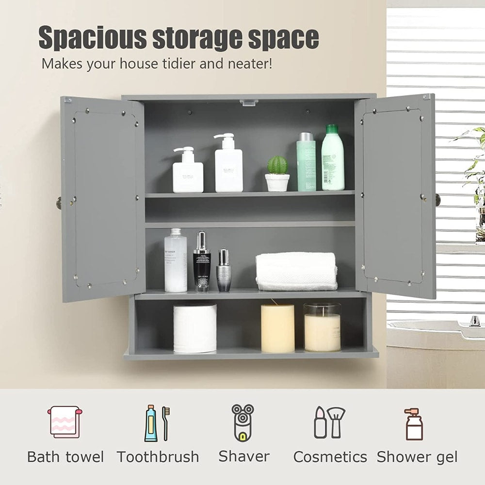 Grey wall cabinet with mirrored doors and open shelf, showing storage space