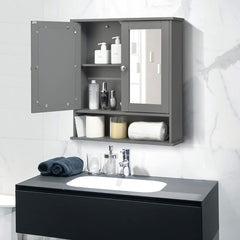 Grey wall cabinet with mirrored doors and open shelf, shown above a sink