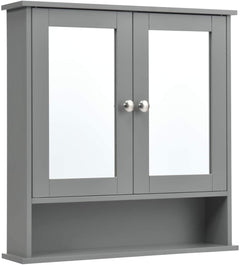 Grey wall cabinet with mirrored doors and open shelf, front view