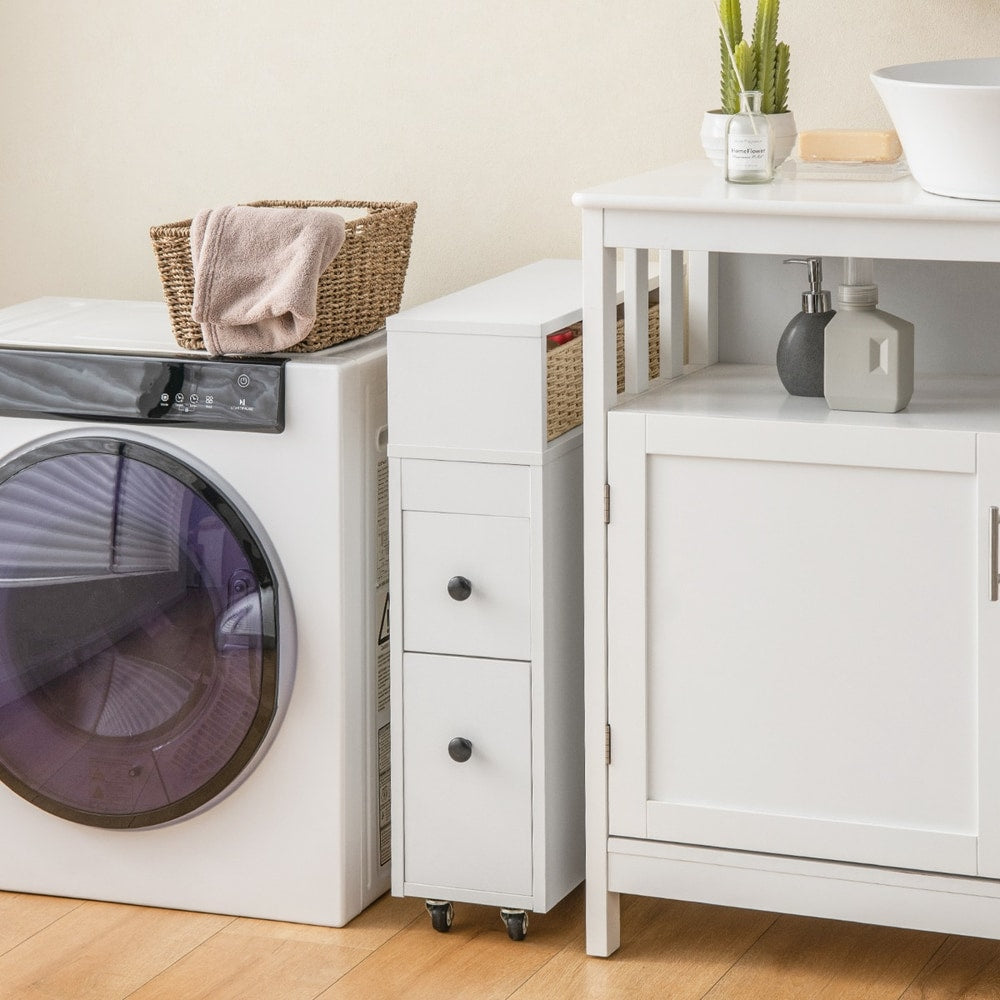White slim floor cabinet beside a washing machine