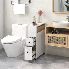 White slim bathroom storage cabinet next to a toilet and sink