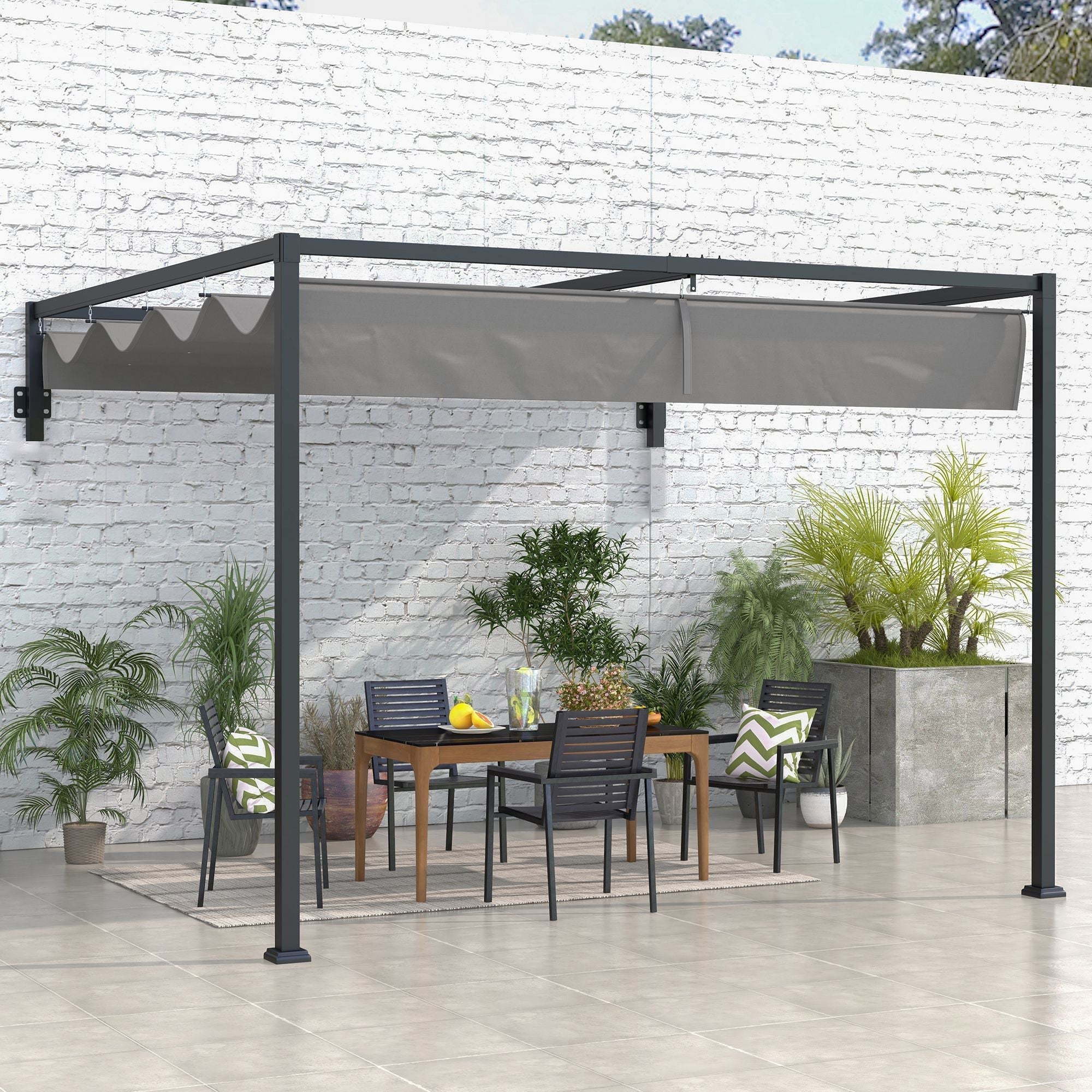 Outsunny 3 x 4m Lean To Steel Pergola, with Moving Fabric Canopy - Dark Grey