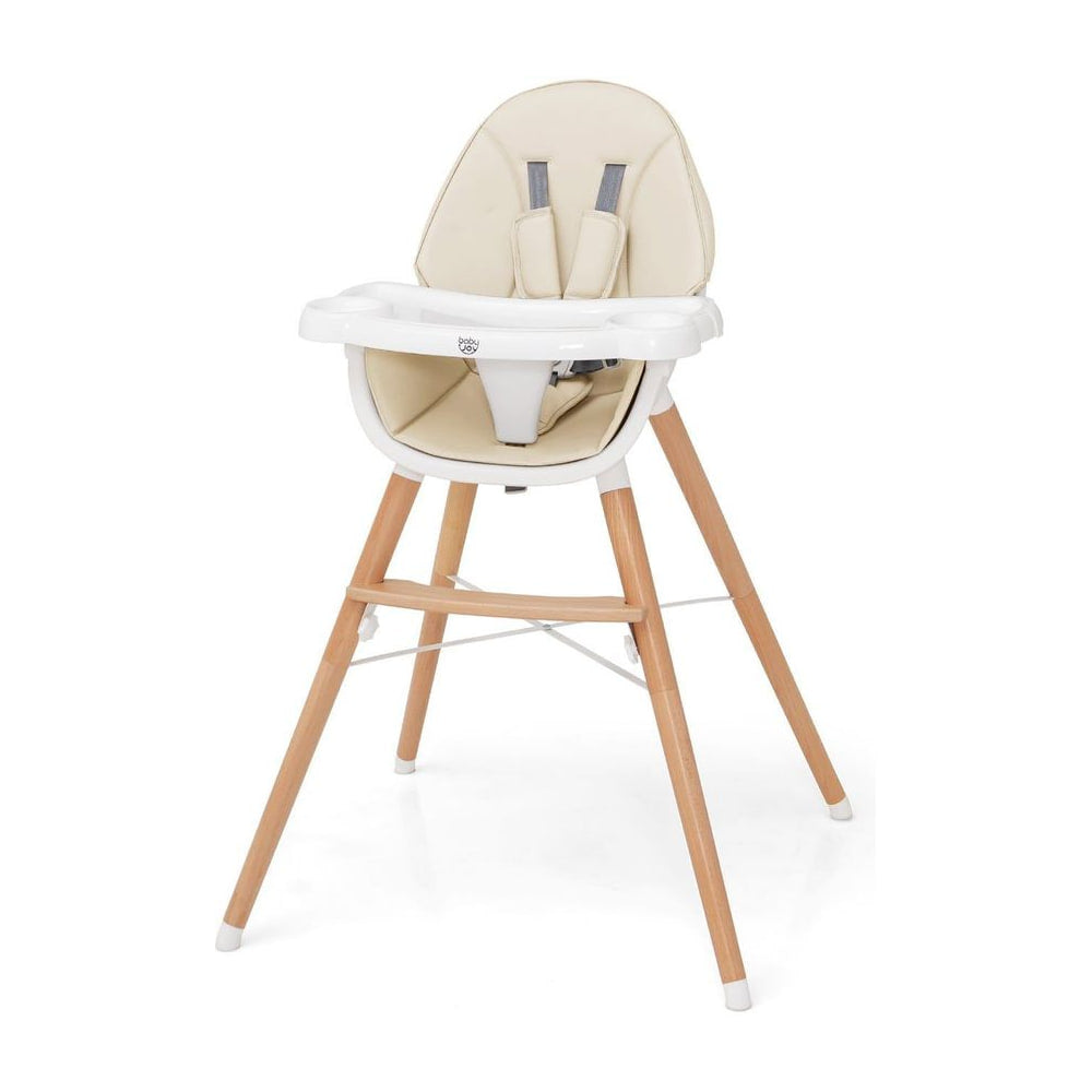 Baby High Chair with beige seat and wooden legs, shown from the front