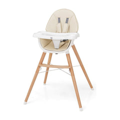 Baby High Chair with beige seat and wooden legs, shown from the front