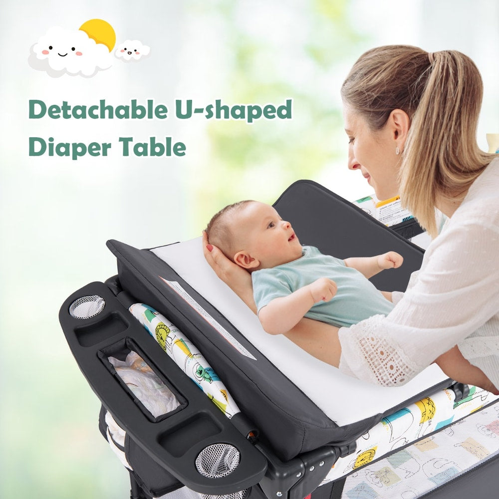 Detachable diaper table on the grey bassinet with a mother and baby