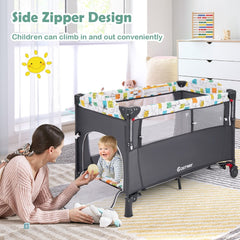 Grey baby bassinet with a side zipper opening and a child climbing out