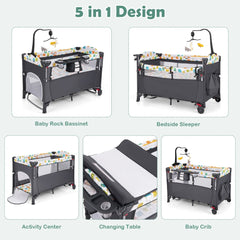 Five in one baby bassinet design showing activity center, changing table, baby crib and bedside sleeper