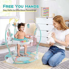 A mother plays with her baby in the baby walker in a living room