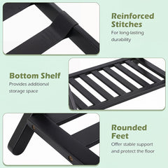 The storage rack highlighting reinforced straps, bottom shelf and rounded feet