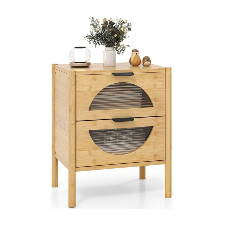 Bamboo Nightstand Mid-century Modern Bedside Table with 2 Storage Drawers-Natural