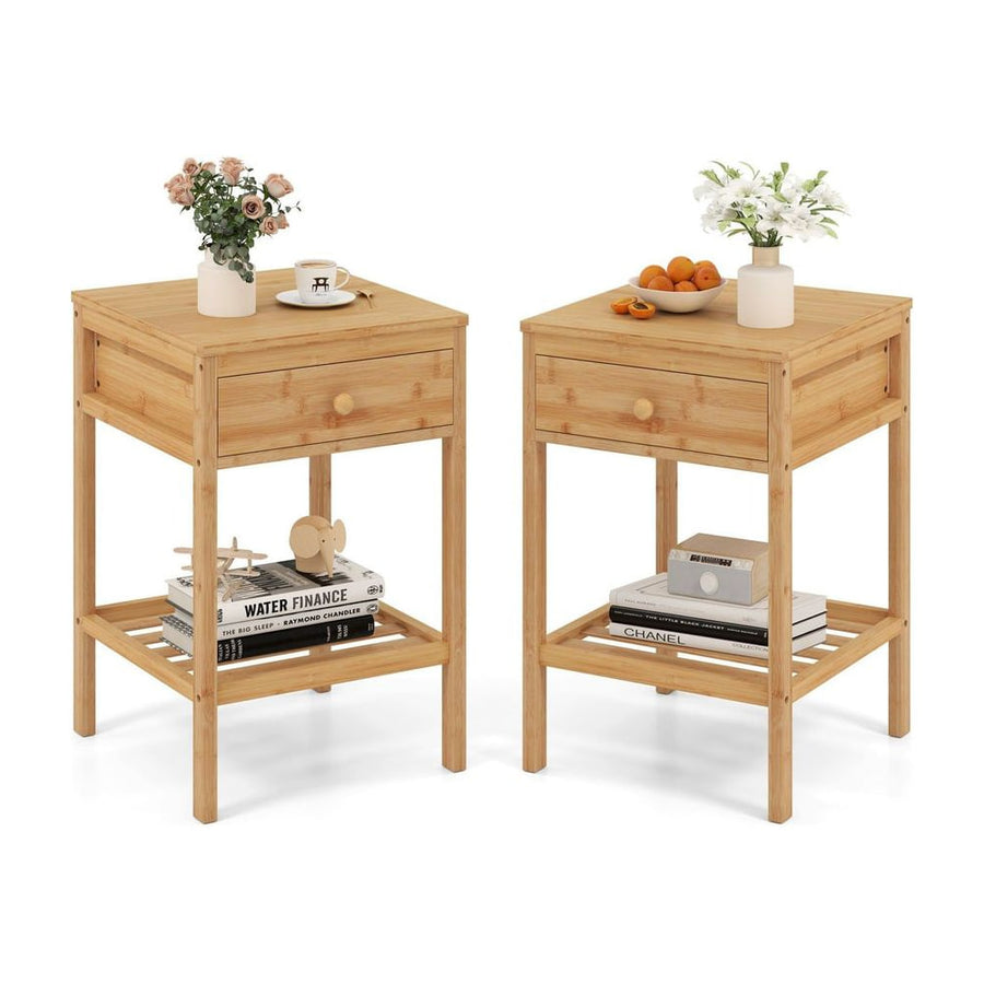 Bamboo Nightstand Set of 2 with Storage Drawer and Open Shelf-Natural-2 Pieces