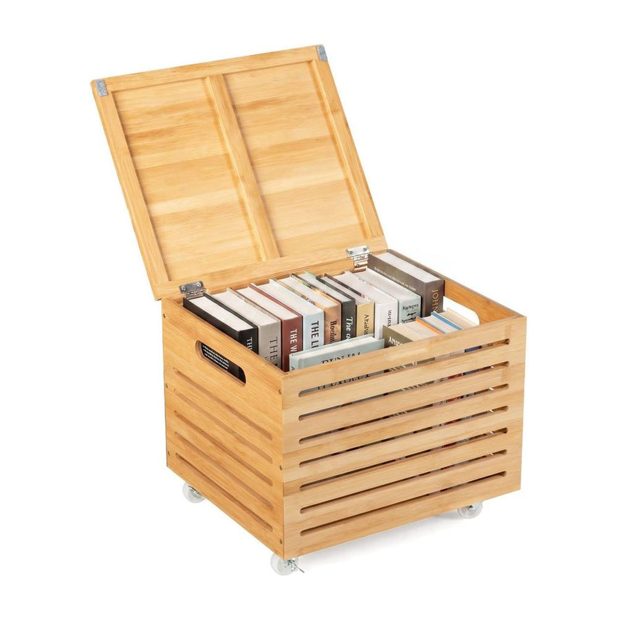 Bamboo Rolling Storage Box with lid open and filled with books