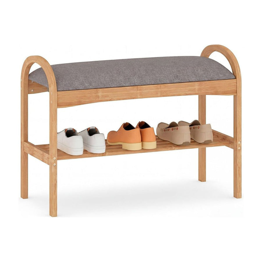 Bamboo Shoe Bench with Padded Cushion for Entrance Hallway, a wooden frame with two shelves and a grey padded seat