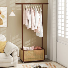 Bamboo Clothes Rack 2-In-1 Clothing Hanging Rail-Brown