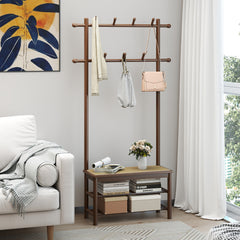 Bamboo Coat Rack PE Rattan Hall Tree with Bench and Shoe Storage-Brown