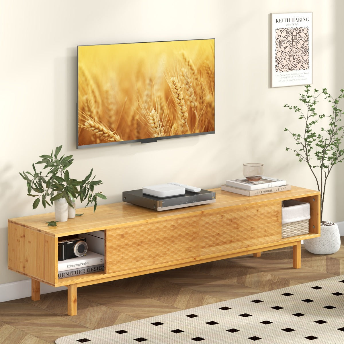 Bamboo TV Stand for 65" 70" TVs with Sliding Doors and 3 Storage Compartments-Natural