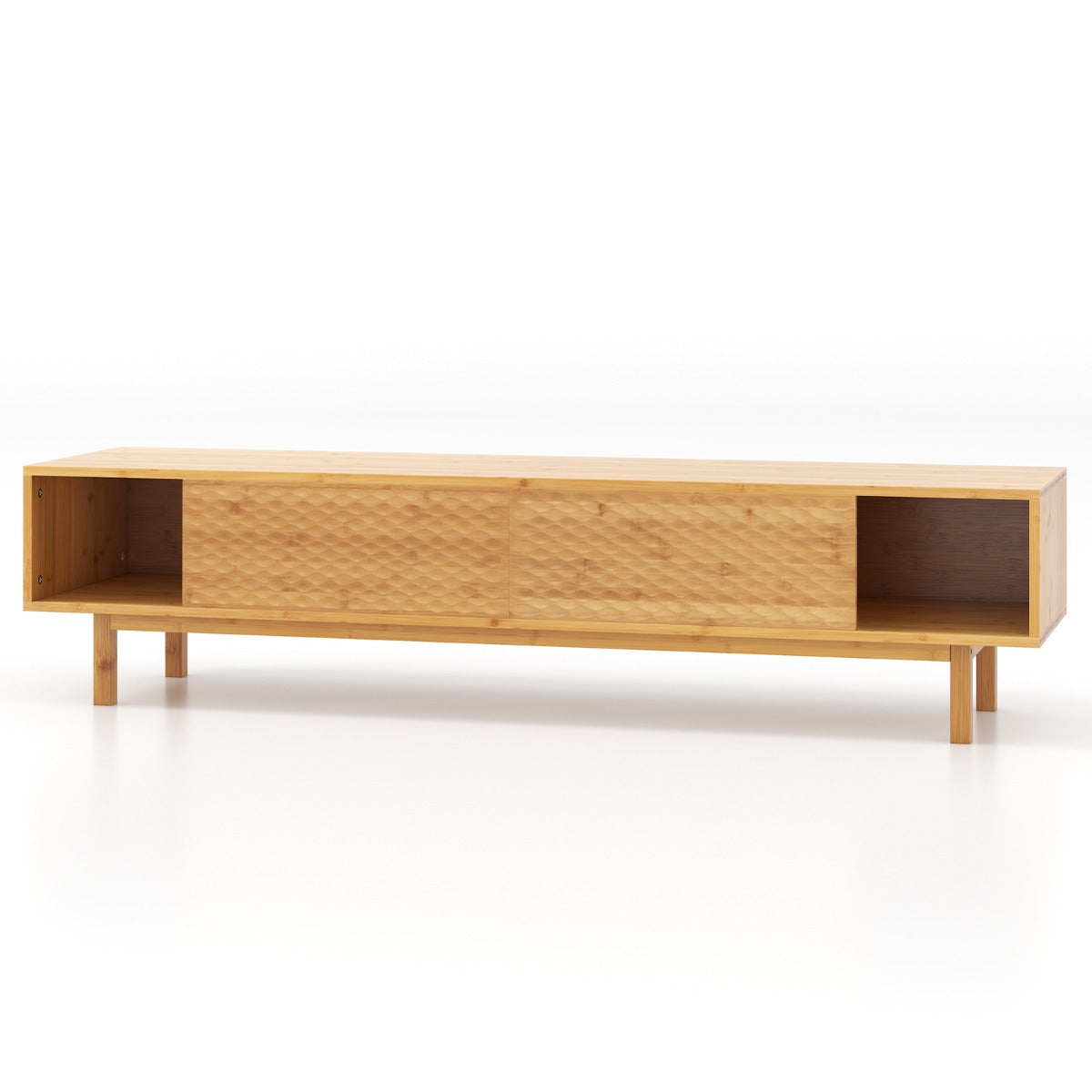 Bamboo TV Stand for 65" 70" TVs with Sliding Doors and 3 Storage Compartments-Natural