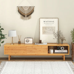 Bamboo TV Stand for 65" 70" TVs with Sliding Doors and 3 Storage Compartments-Natural