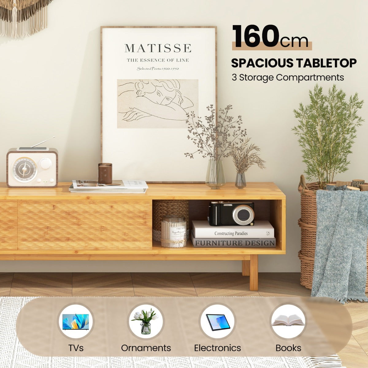 Bamboo TV Stand for 65" 70" TVs with Sliding Doors and 3 Storage Compartments-Natural