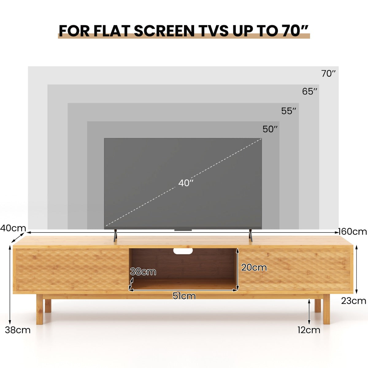 Bamboo TV Stand for 65" 70" TVs with Sliding Doors and 3 Storage Compartments-Natural