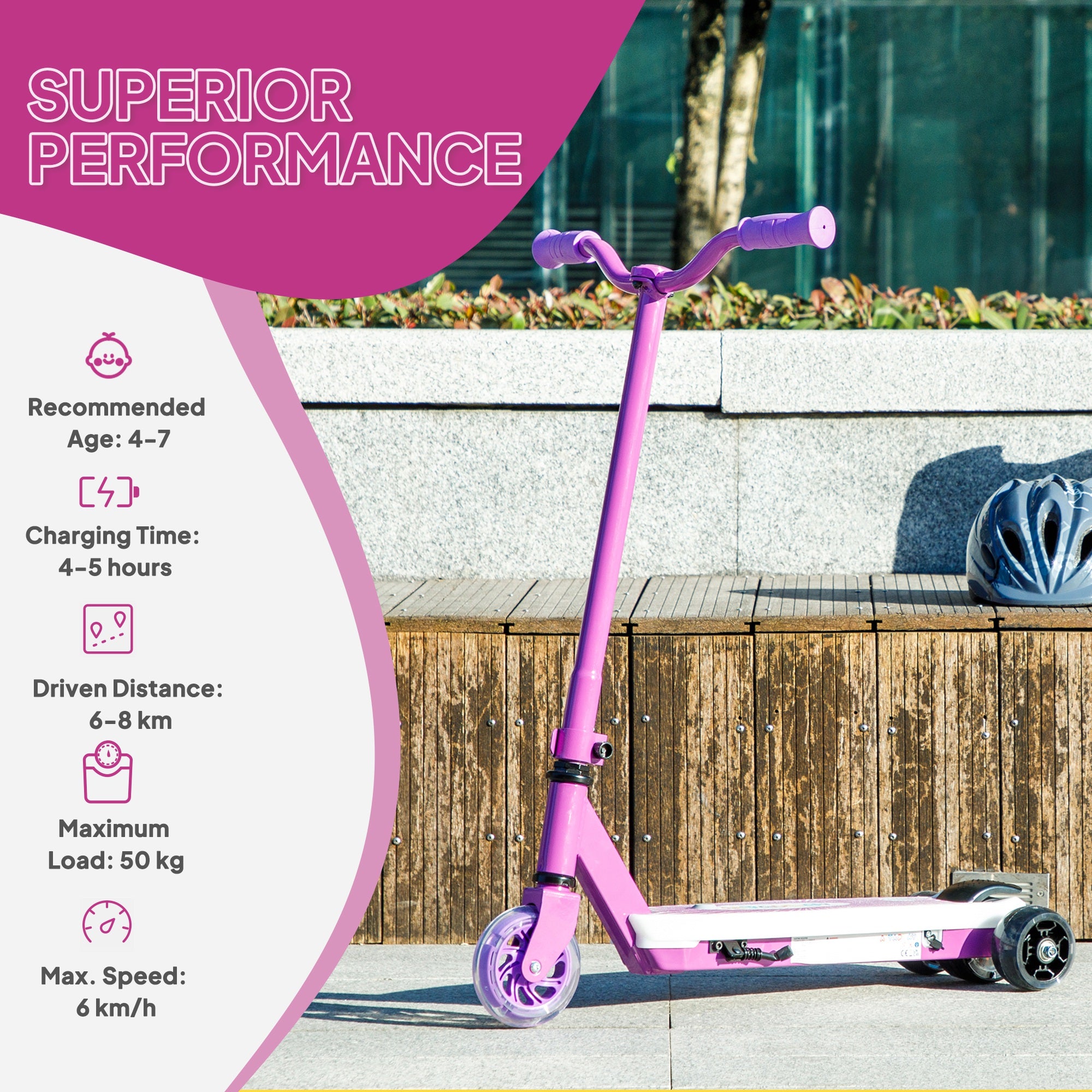 AIYAPLAY Electric Scooter for Kids Aged 4-7 Years, with Flashing LED Lights, Rear Auxiliary Wheels, Purple