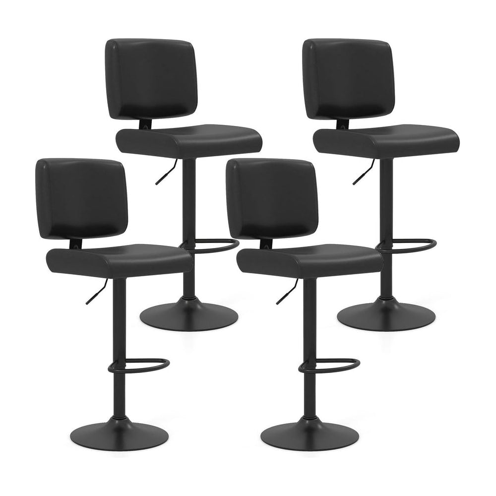Bar Stools set of four black chairs with padded seats and backrests on a white background
