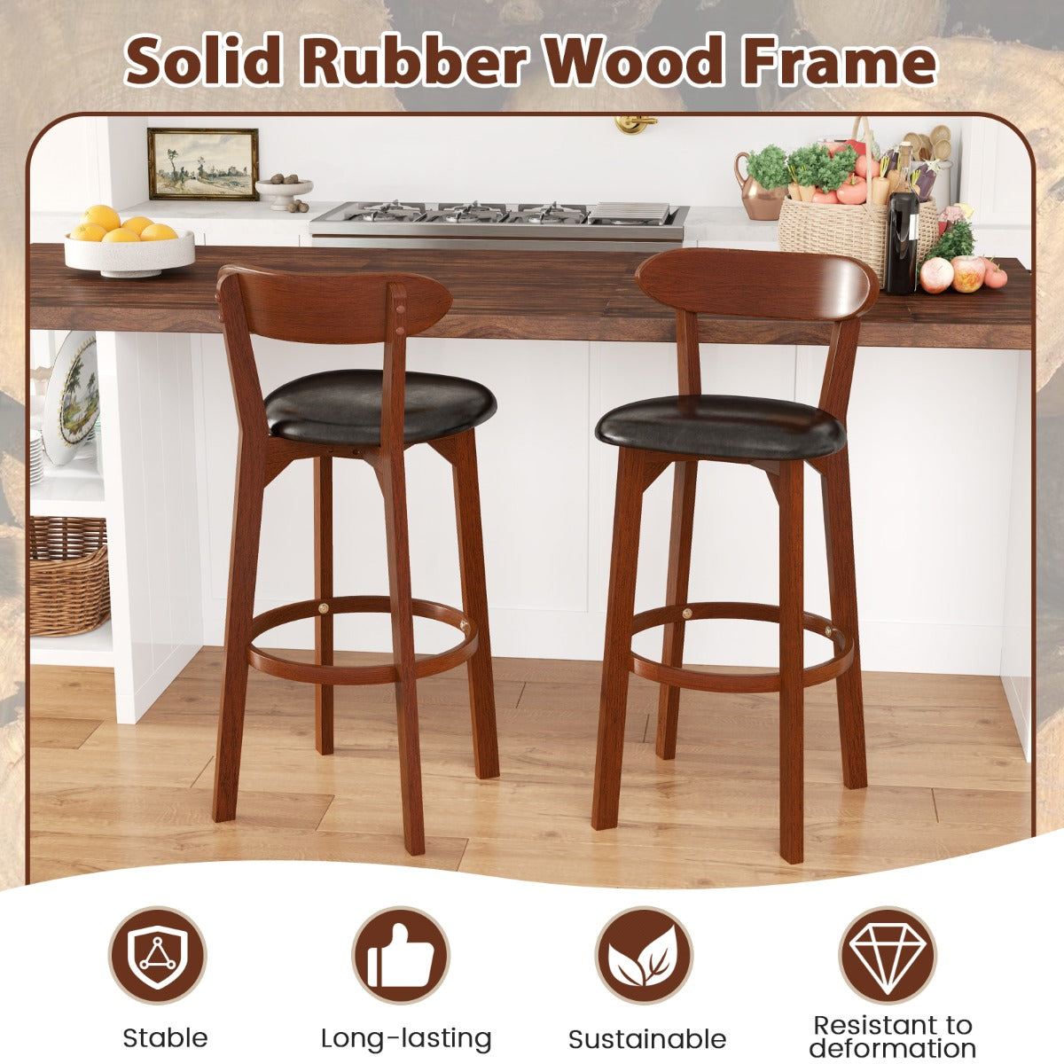 Bar Stool Set of 2 with Curved Backrest and Footrest-29 Inches