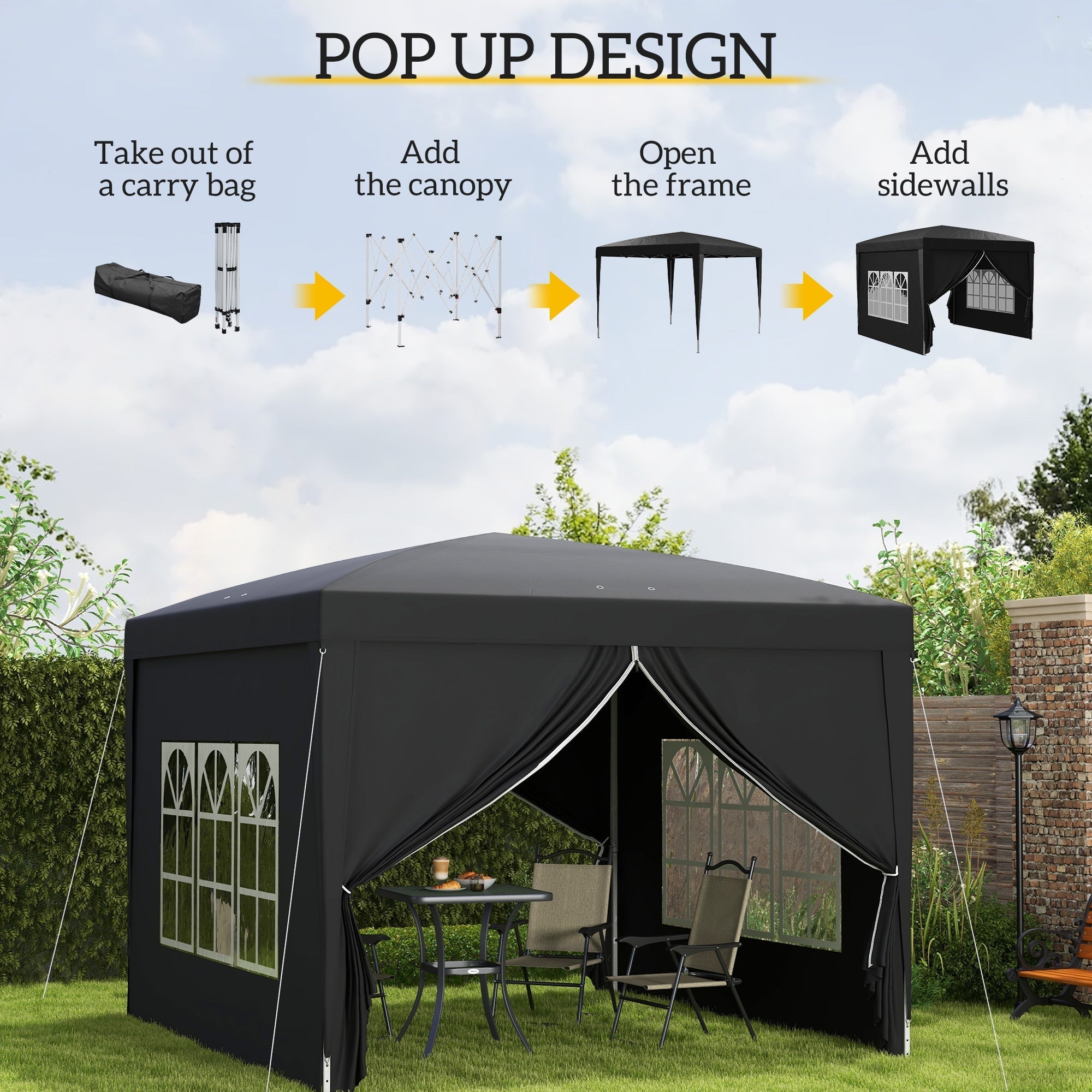Outsunny 3 x 3(m) Pop Up Gazebo, Water and UV Resistant Party Tent Camping Canopy Marquee with Carry Bag, Black
