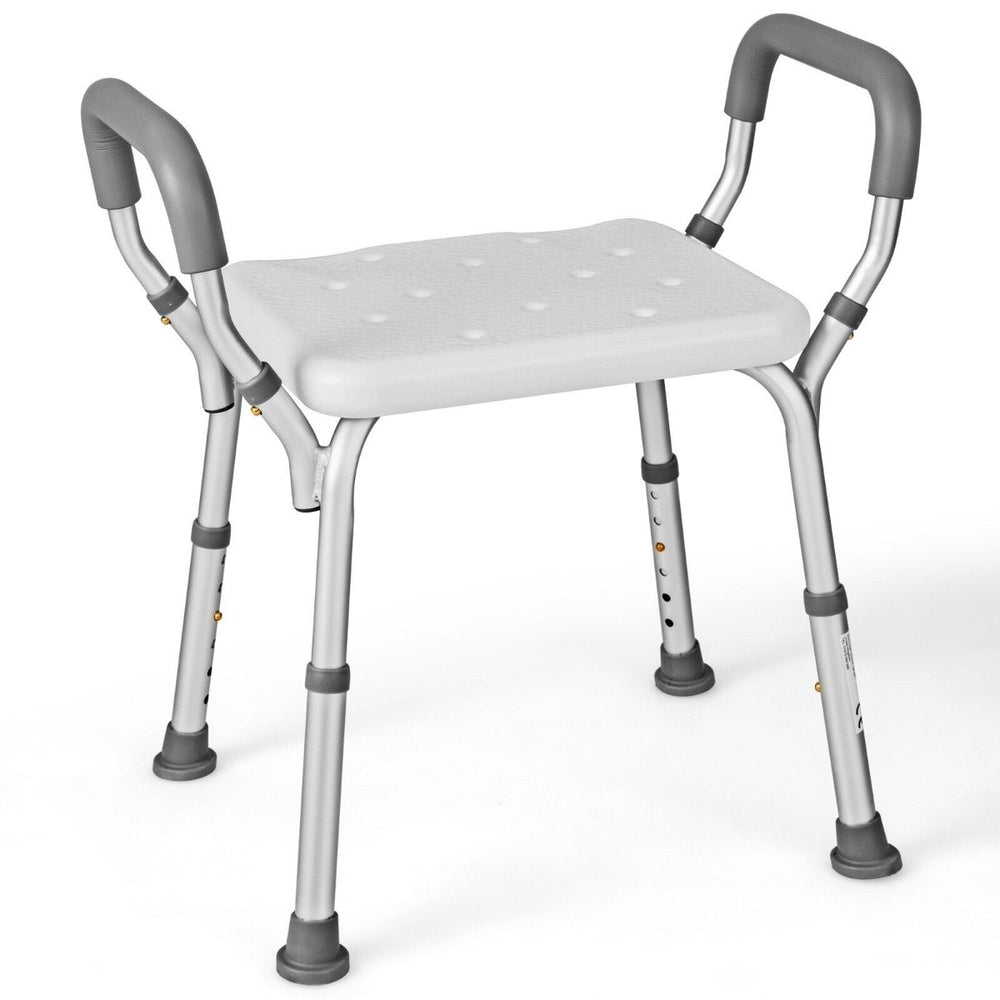 Bath Chair Shower Bench with Detachable Padded Arms, a grey shower stool with padded arms and adjustable legs