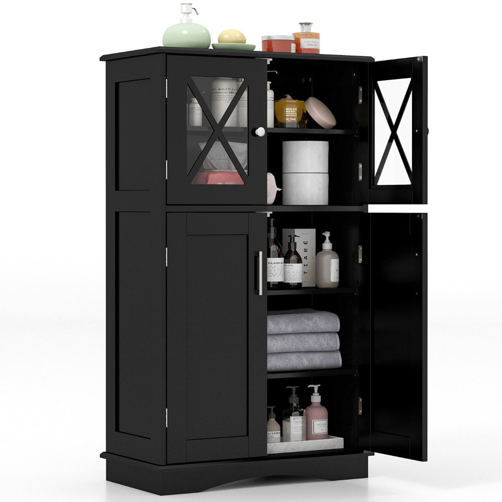 Bathroom Linen Storage Cabinet with Doors and Adjustable Shelves in black, showing the full unit with doors open and closed