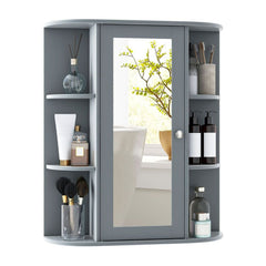 Bathroom Medicine Cabinet with Mirror with 3 Adjustable Shelves in grey with open side storage