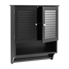Bathroom Wall Cabinet with black louvered doors and an open storage shelf with a towel rail