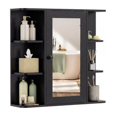 Bathroom Wall Cabinet with Mirror 3 Internal Shelves in black, showing the front with shelves and a mirrored door