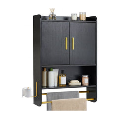 Bathroom Wall Cabinet with Open Shelves and Adjustable Shelf filled with toiletries and towels