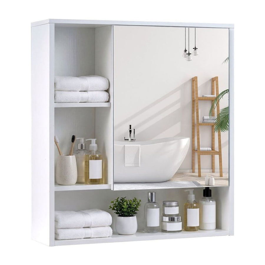 Bathroom Wall Mirror Cabinet with Single Door and 3 Open Shelves-White