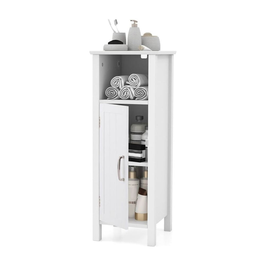 Freestanding Narrow Bathroom Storage Organizer Rack Stand with Door and Adjustable Shelf-White