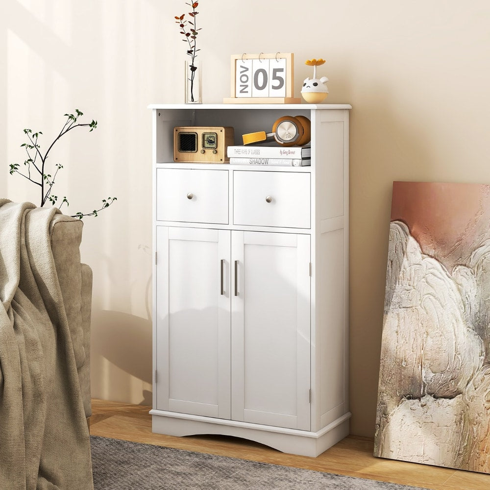 White bathroom floor cabinet in a stylish room next to a sofa