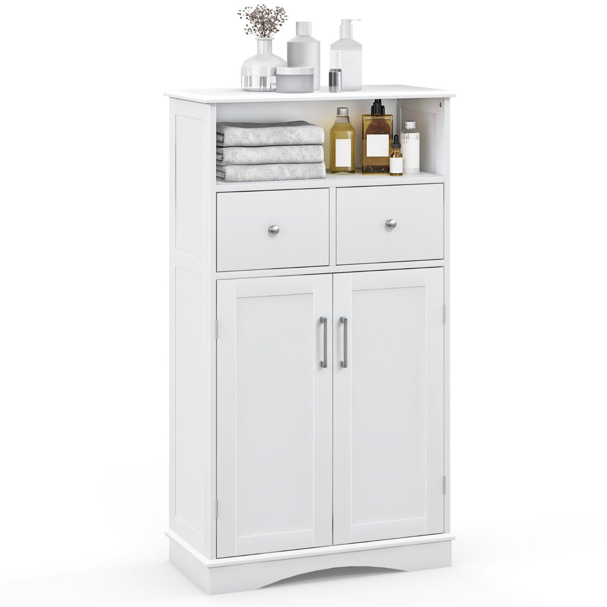 White floor cabinet with two doors and two drawers, filled with toiletries