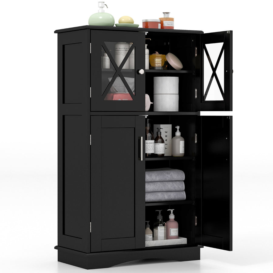 Bathroom Linen Storage Cabinet with Doors and Adjustable Shelves-Black