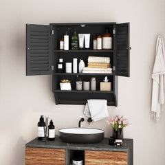 The wall cabinet mounted above a sink with doors open and filled with various toiletries