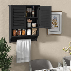 The wall cabinet hanging on a wall in a dining area filled with kitchen jars and glasses