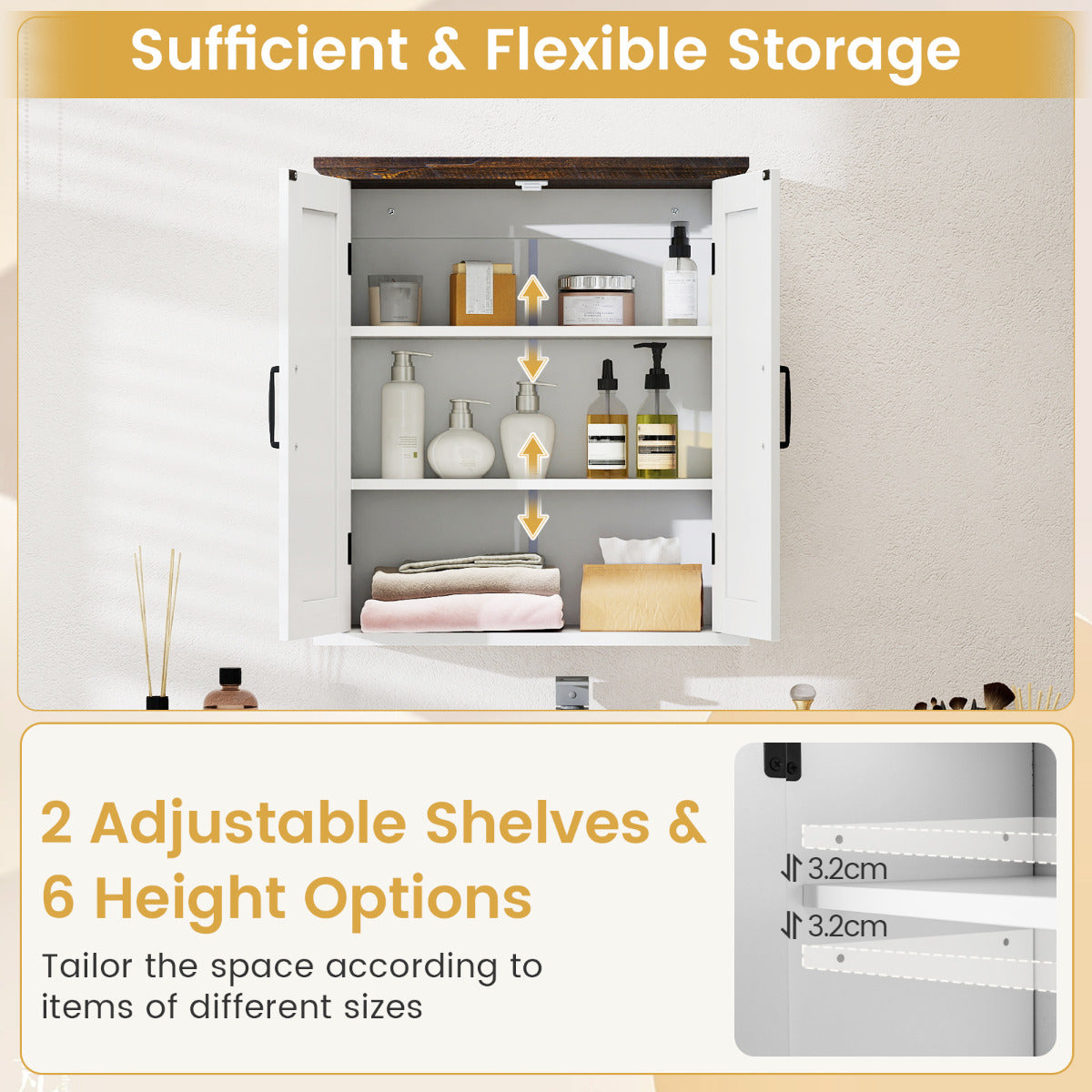 Bathroom Wall Cabinet with 2 Doors and Adjustable Shelves-White