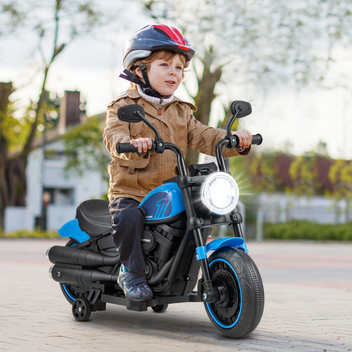 6V Kids Ride On Motorcycle with Training Wheels and Headlight for Toddlers-Navy