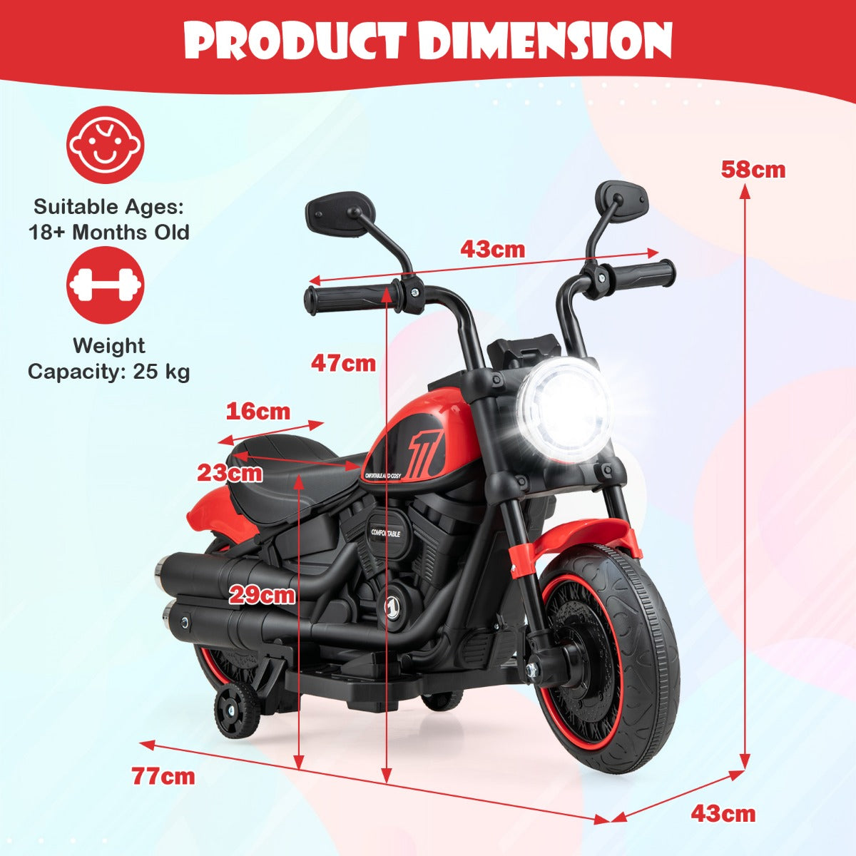 6V Kids Ride On Motorcycle with Training Wheels and Headlight for Toddlers-Red