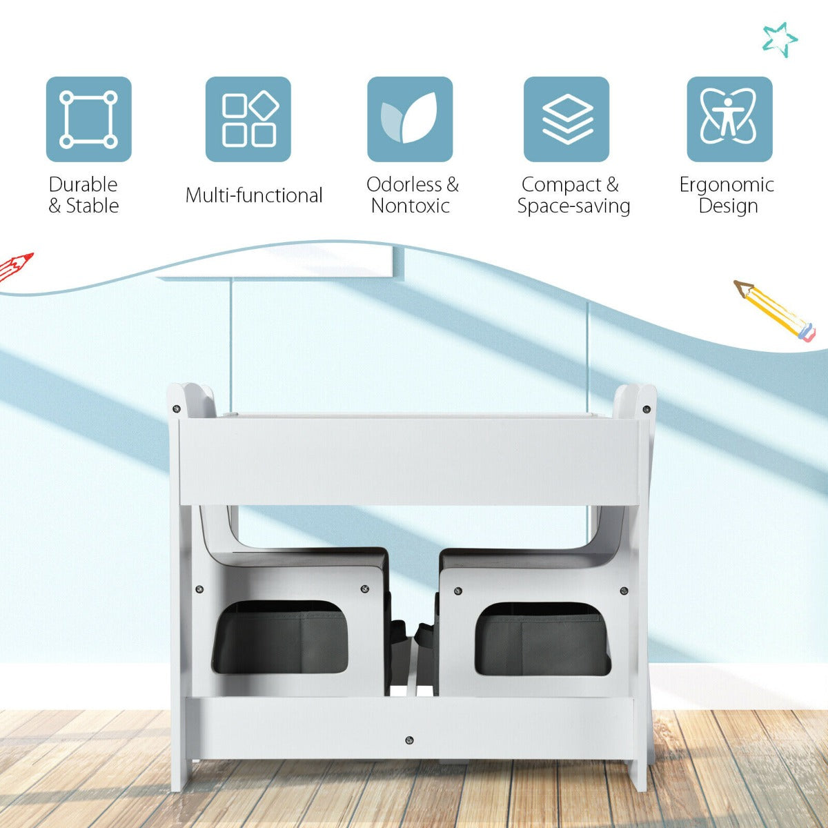 Children's Table and Chair Set with Storage Boxes-Grey